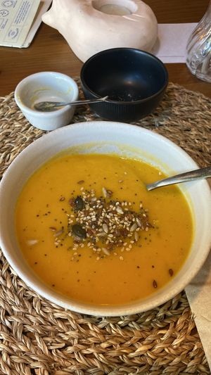 The menu includes a starter and soup (very creamy and delicious)  at O Porto dos Gatos in Porto