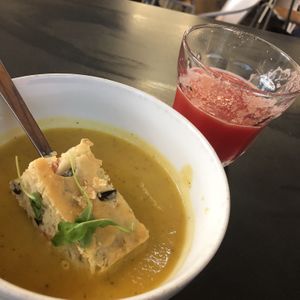 Pumpkin soup and watermelon juice   at DaTerra - Mercado Beira Rio in Vila Nova De Gaia