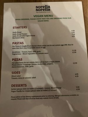 Menu  at Sorella Sorella in Gateshead