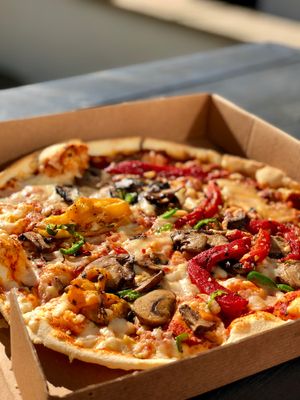 Mushrooms, peppers, chilli and vegan cheese  at Sorella Sorella in Gateshead