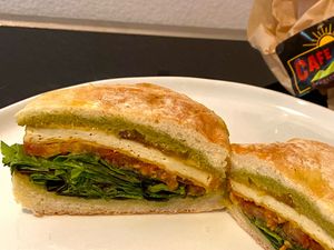 pesto breakfast sandwich (plated at home) at Cafe Red in Seattle