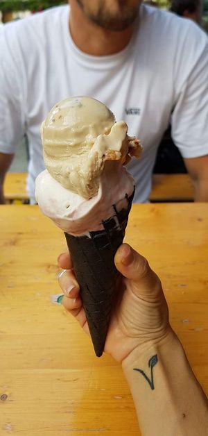 coconut-banana-pomegranate and crunchy peanut icecream  at Claus Eismanufaktur & Deli in Stuttgart