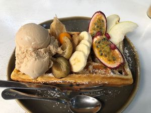 Amazing waffle ! Extra peanut ice cream  at Claus Eismanufaktur & Deli in Stuttgart