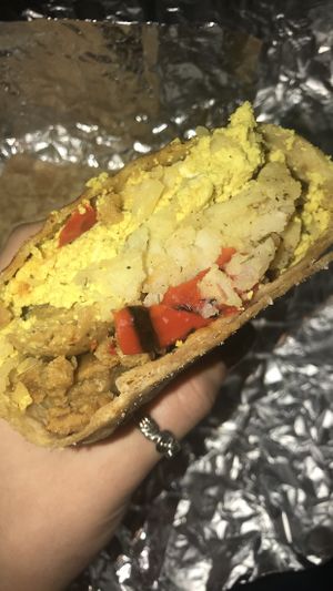 Vegan breakfast burrito with vegan cheese & vegan sausage  at Zola's Cafe in Auburn