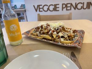 Ample serving of fries  at Veggie Penguin in Tenerife