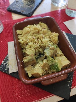 Segundo del menú del dia: tofu con berenjena y calabacín at Veggie Penguin in Tenerife