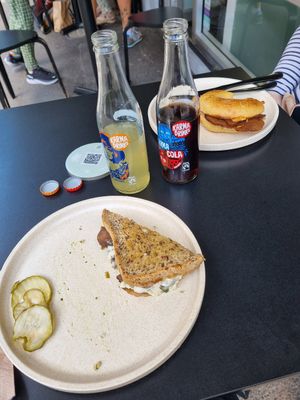 Mushroom sandwich on gf toast with side of pickles. Egg and bacon bagel plus karma cola and ginger beer! at Shift Eatery in Surry Hills