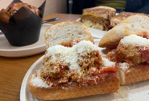 muffin of the day, reuben sandwich (back), meatball sub (front)  at Shift Eatery in Surry Hills