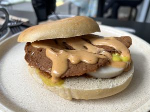 Vegan Bacon and Eggs Bagel  at Shift Eatery in Surry Hills