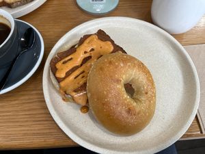 Bacon and egg bagel at Shift Eatery in Surry Hills