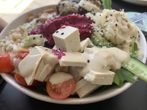 Salad bowl with smoked tofu as extra. But they gave us plain tofu by mistake    at Shift Eatery in Surry Hills