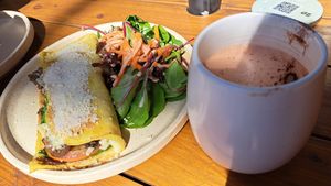 Vegan omelet and hot chocolate. Sorry about the half-drunk☕ at Shift Eatery in Surry Hills
