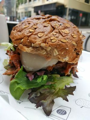 Breaky bun (vegan egg and spicy pulled jackfruit) at Shift Eatery in Surry Hills