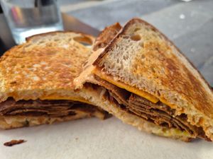 Rueben toastie $22.00: generous pastrami, would have liked more slaw at Shift Eatery in Surry Hills