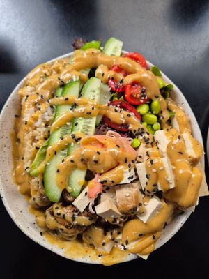 Poke bowl $20.00: miso ginger dressing was nice, lovely but wish the tofu was warmer at Shift Eatery in Surry Hills