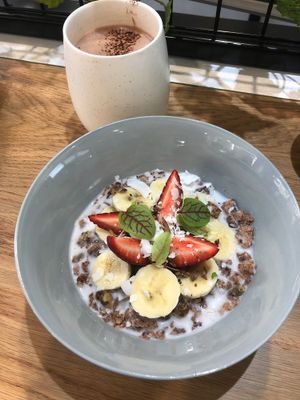 Granola and hot chocolate  at Shift Eatery in Surry Hills