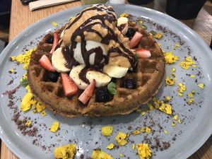 Waffle with peanut butter at Shift Eatery in Surry Hills
