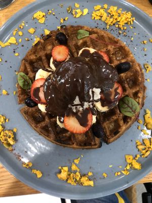The Chia Waffle topped with cashew gelato and Notella at Shift Eatery in Surry Hills