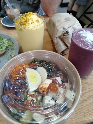 Sell bowl with gochujang (Korean chili pasta) and purple rain and mango lassi at Shift Eatery in Surry Hills