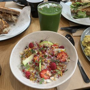 Chia pudding and a green smoothie  at Shift Eatery in Surry Hills