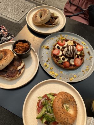 Bacon and egg, salmon bagels. Chai waffle  at Shift Eatery in Surry Hills