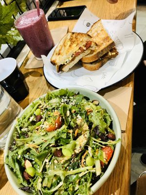 Tofu miso salad, ham and cheese toasty and berry banana smoothie  at Shift Eatery in Surry Hills