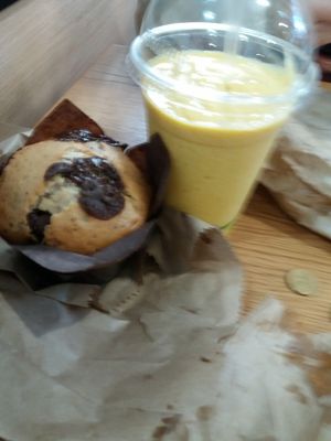 mango lassie and choc muffin at Shift Eatery in Surry Hills
