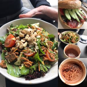 Thai “beef” salad, “salmon” bagel and hot chocolate at Shift Eatery in Surry Hills