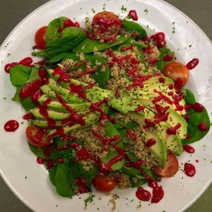 A light mix of quinoa, avocado, spinach and cherry tomatoes with a bright beetroot dressing and chia seeds!!!	

 at The Taproom in St Ives