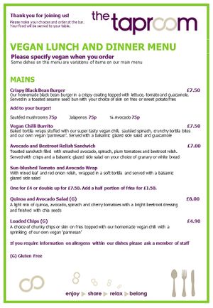 The Taprooms stand-alone vegan menu!!! at The Taproom in St Ives