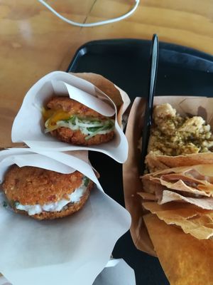 Hummus with nachos and burgers from rice at Brota in Rio De Janeiro