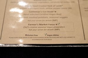 Vegan options and menu marking on dinner menu at Succulent Cafe in Solvang