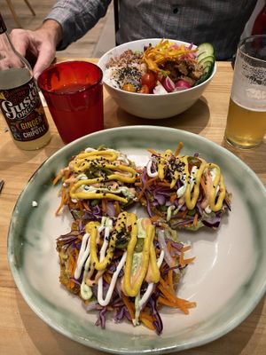 Vegan patacones and a healthy bowl with tofu. Ginger soda.  at Avocado in Barcelona