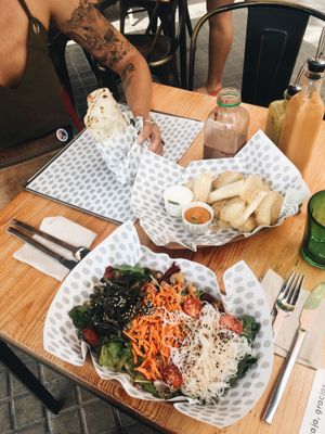 Burrito, yuca fries & superfood salad at Avocado in Barcelona