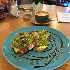 soy latte and avocado on sourdough.  at The Wilds in North London