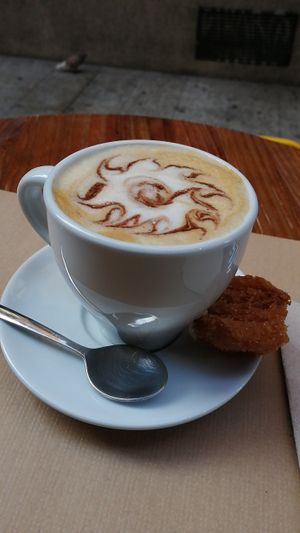 Coffee Latte with oat milk at Freedom Cakes Bakery in Madrid
