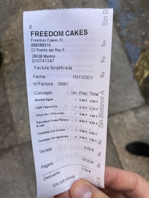 Receipt  at Freedom Cakes Bakery in Madrid