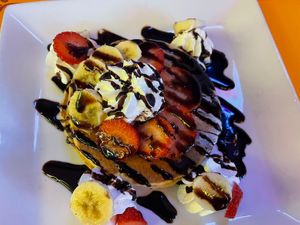 Pancakes with bananas and strawberries   at Freedom Cakes Bakery in Madrid