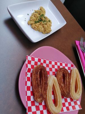 Churros and scrambled tofu at Freedom Cakes Bakery in Madrid