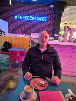 One happy vegan... at Freedom Cakes Bakery in Madrid