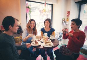 Enjoying Freedom Cake during the Vegan Tapas Tour at Freedom Cakes Bakery in Madrid