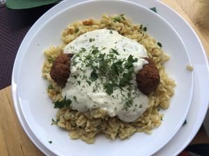 Daily plate: falafel with rice (in lieu of farro) at Simple Green in Zagreb