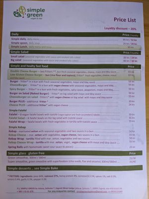 Menu. at Simple Green in Zagreb