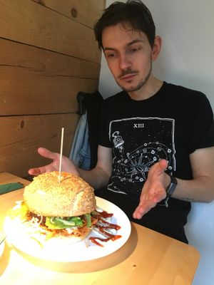 the spicy burger is ENORMOUS at Simple Green in Zagreb