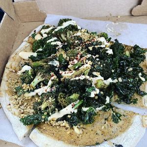Vegan broccoli pizza with homemade garlic cashew cream    at Campo Enoteca in Manchester