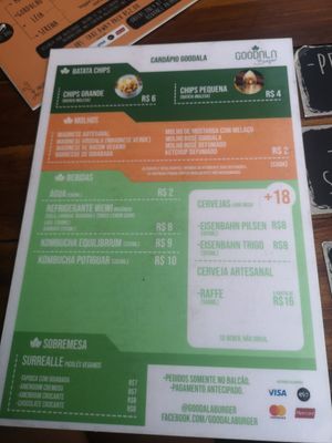 Menu at Goodala Burger in Natal