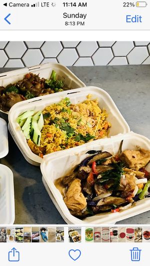 Eggplant dish, curry rice, pad see ew at Kati Vegan Thai in Seattle