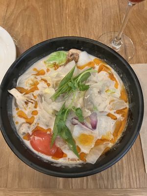 Tom Kha soup with artichoke hearts. Vegetables could have been cut a bit smaller but very tasty!  at Kati Vegan Thai in Seattle