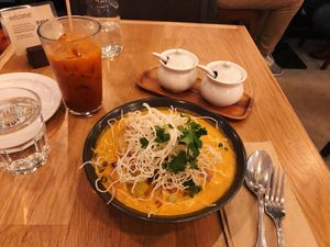 Khao Soi and Thai Iced Tea  at Kati Vegan Thai in Seattle