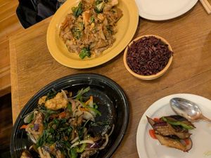 Flat noodles and tofu eggplant  at Kati Vegan Thai in Seattle